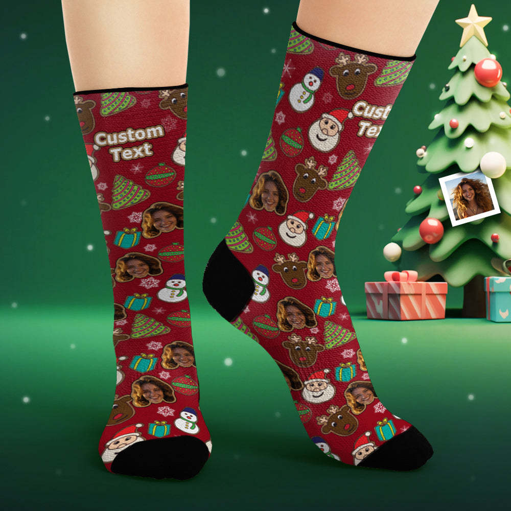 Custom Face Socks Personalized Photo Socks Christmas Cute Snowman and Elk - MadeMineAU