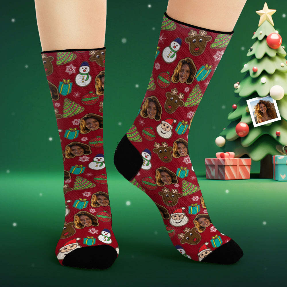Custom Face Socks Personalized Photo Socks Christmas Cute Snowman and Elk - MadeMineAU