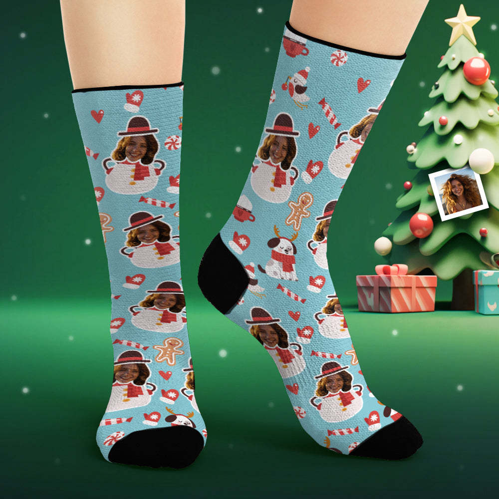 Custom Face Socks Personalized Photo Blue Socks Funny Snowman - MadeMineAU
