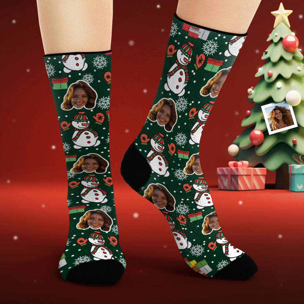 Custom Face Socks Personalized Photo Green Socks Funny Snowman - MadeMineAU