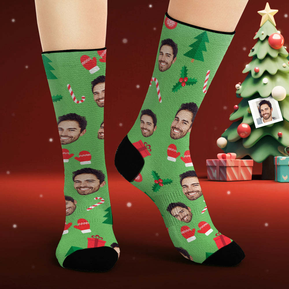 Custom Face Socks Personalized Photo Green Socks Christmas Gingerbread Man - MadeMineAU
