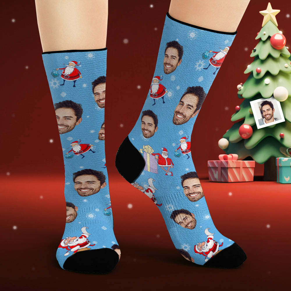 Custom Face Socks Personalized Photo Purple Socks Santa Claus with Gifts - MadeMineAU