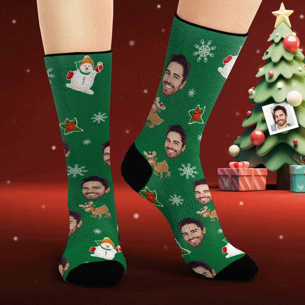 Custom Face Socks Personalized Photo Green Socks Cute Christmas Elements Christmas Gifts - MadeMineAU