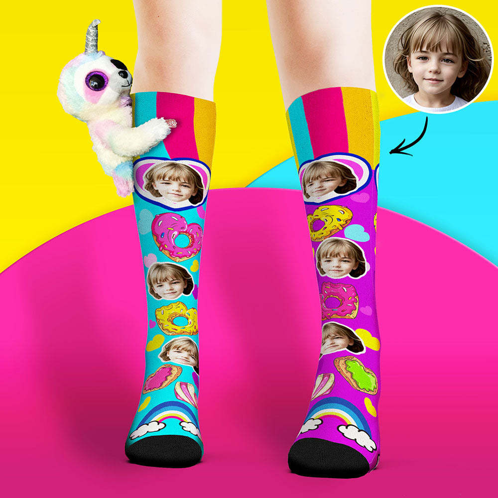 Custom Socks Knee High Face Socks Sloth Doll Colorful Donut Socks - MadeMineAU