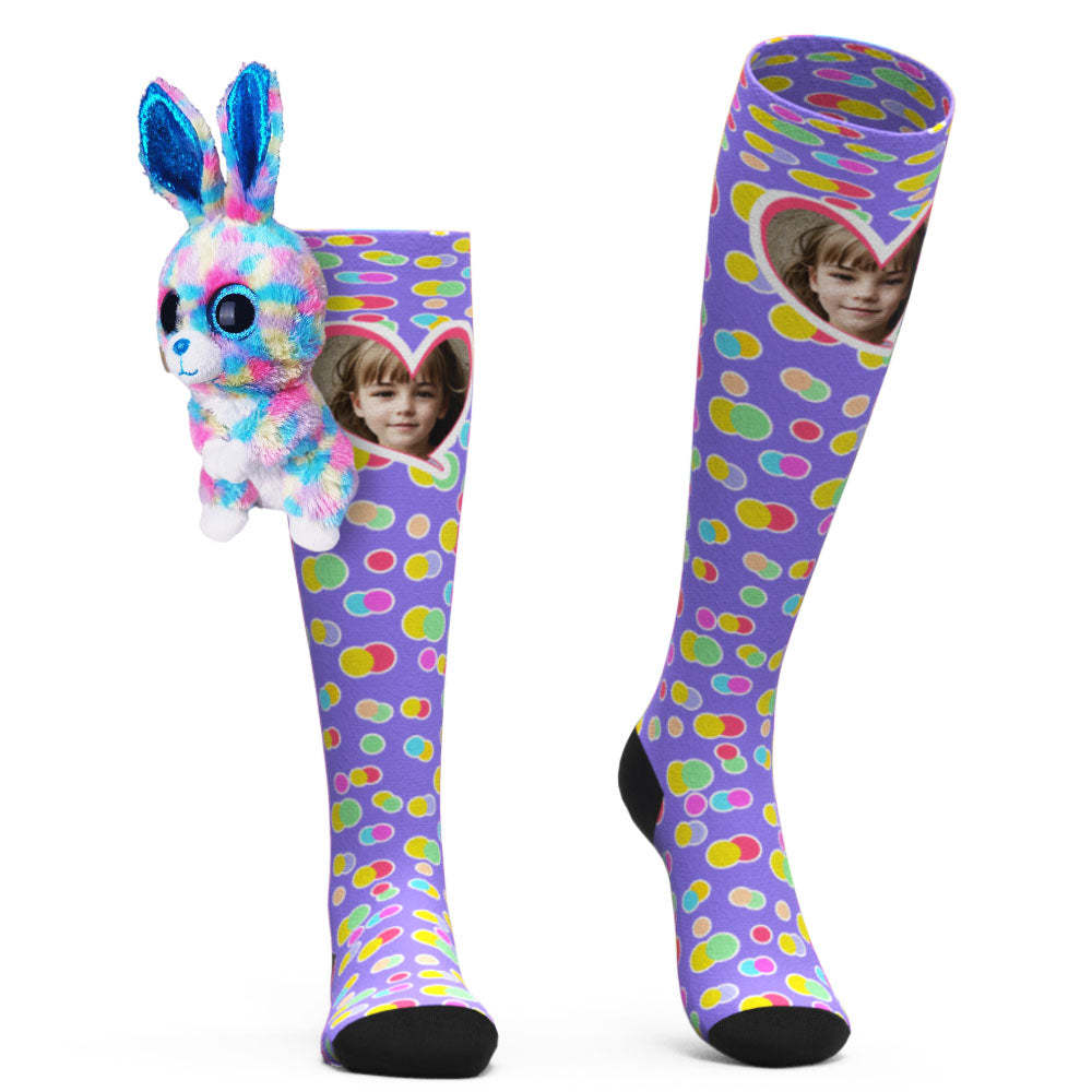Custom Socks Knee High Face Socks Rabbit Doll Colorful Polka Dot Socks - MadeMineAU