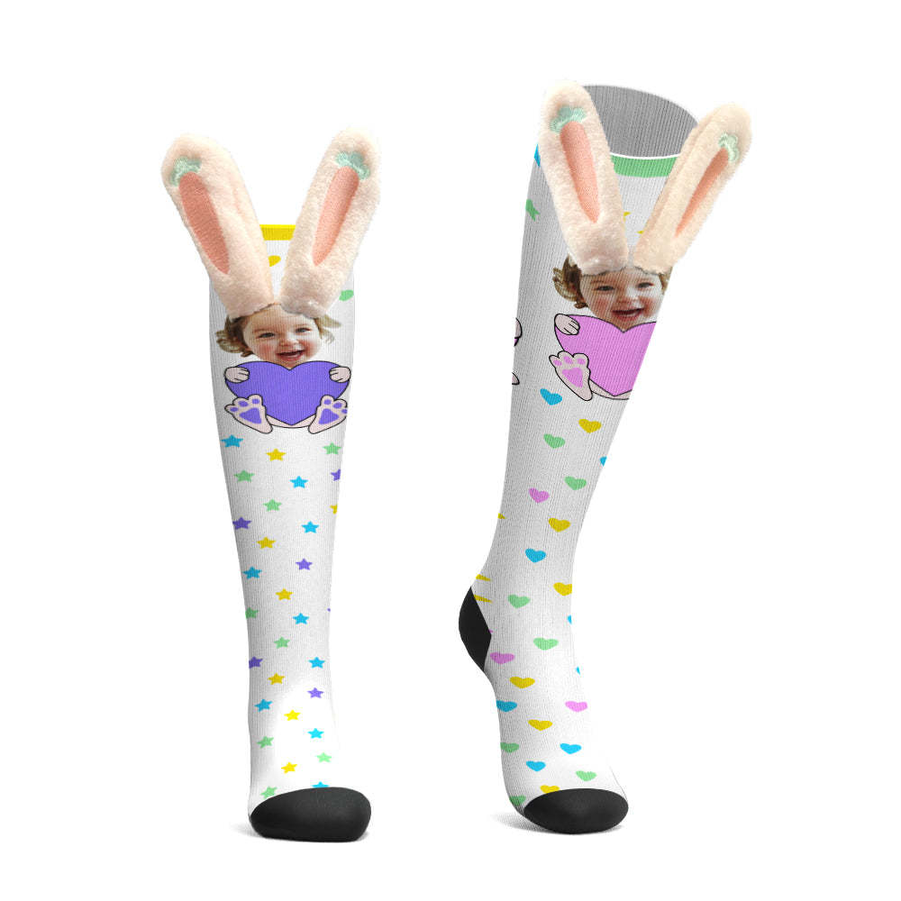 Custom Socks Knee High Face Socks 3D Plush Bunny Ears Socks - MadeMineAU