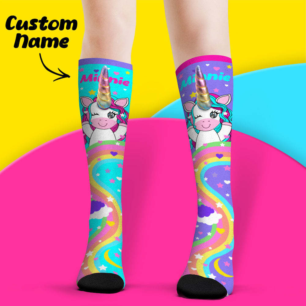 Custom Name Socks Knee High Socks 3D Unicorn Horn Cartoon Socks - MadeMineAU