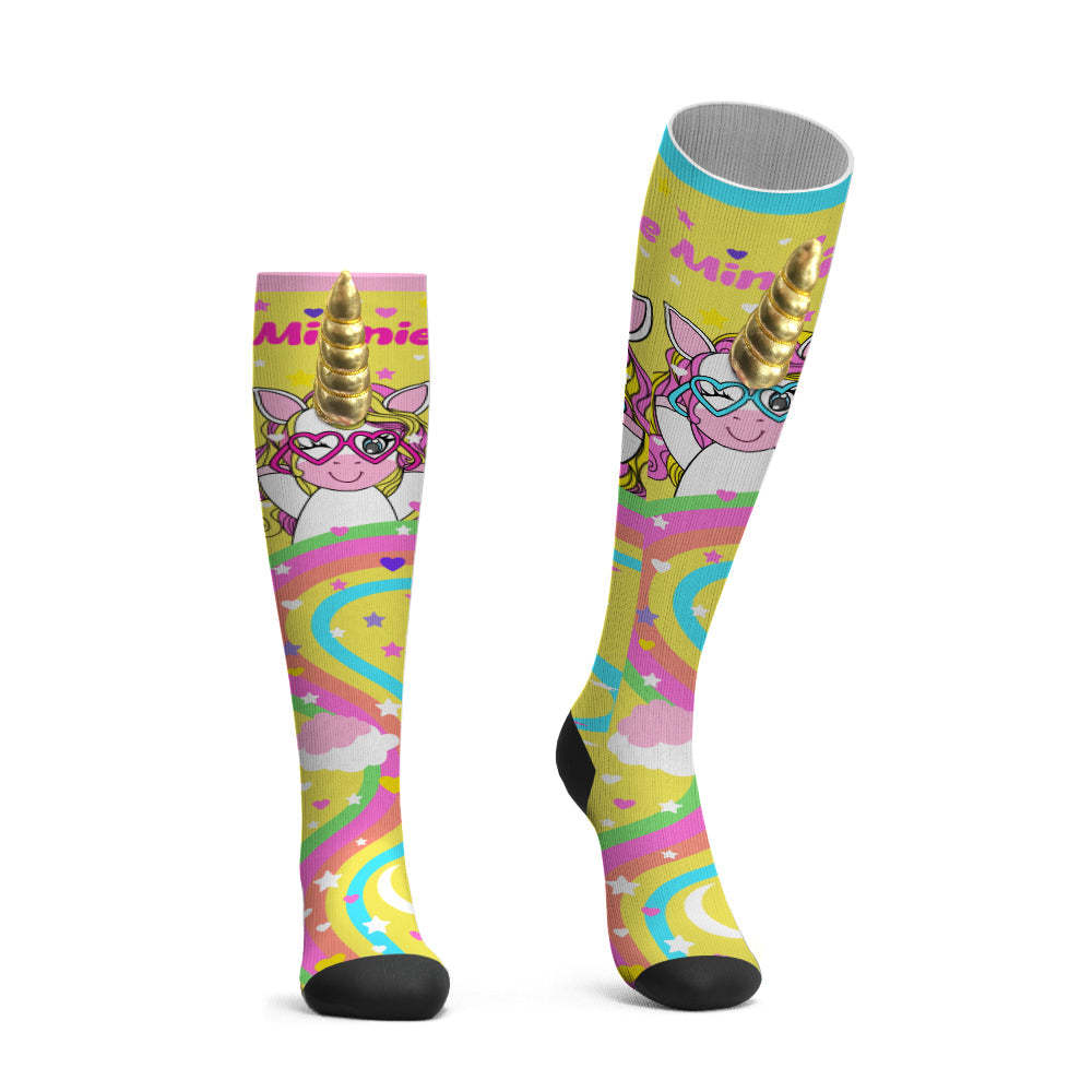 Custom Name Socks Knee High Socks 3D Unicorn Horn Cartoon Socks - MadeMineAU
