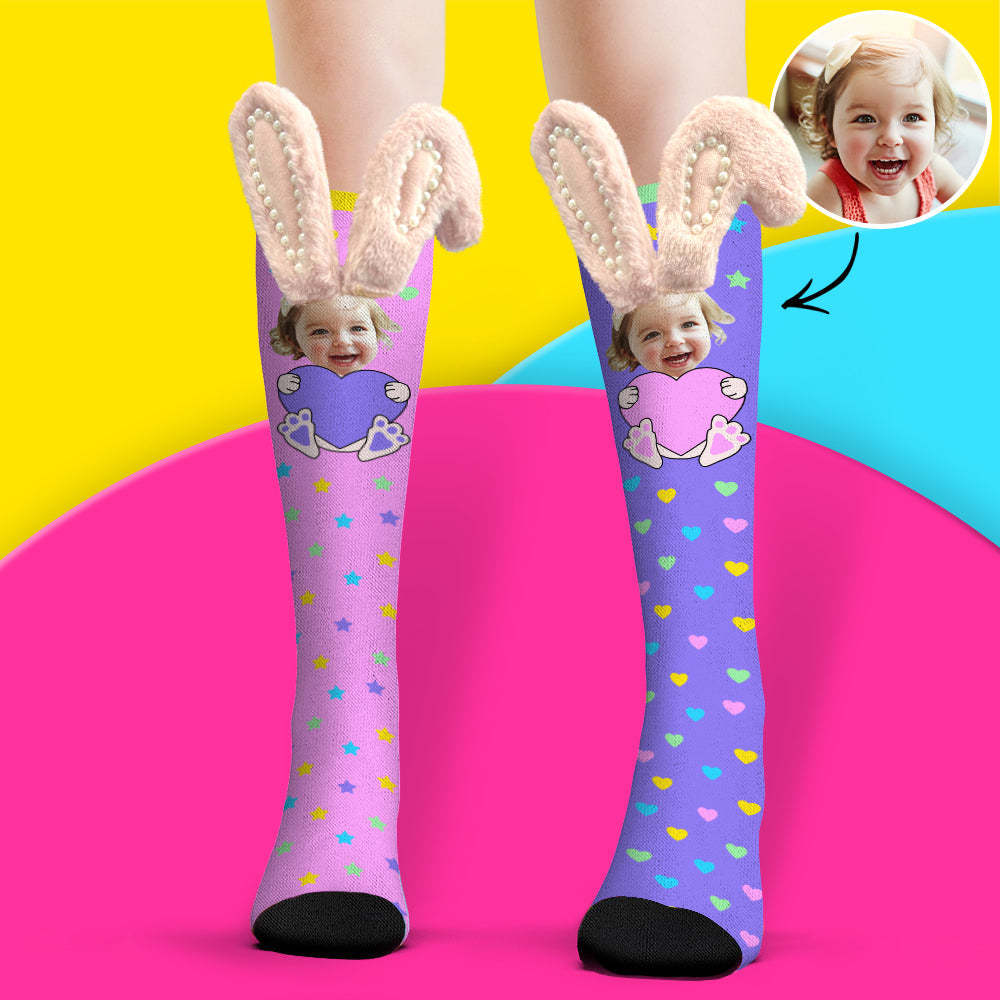 Custom Socks Knee High Face Socks 3D Bunny Ears with Pearls Socks - MadeMineAU