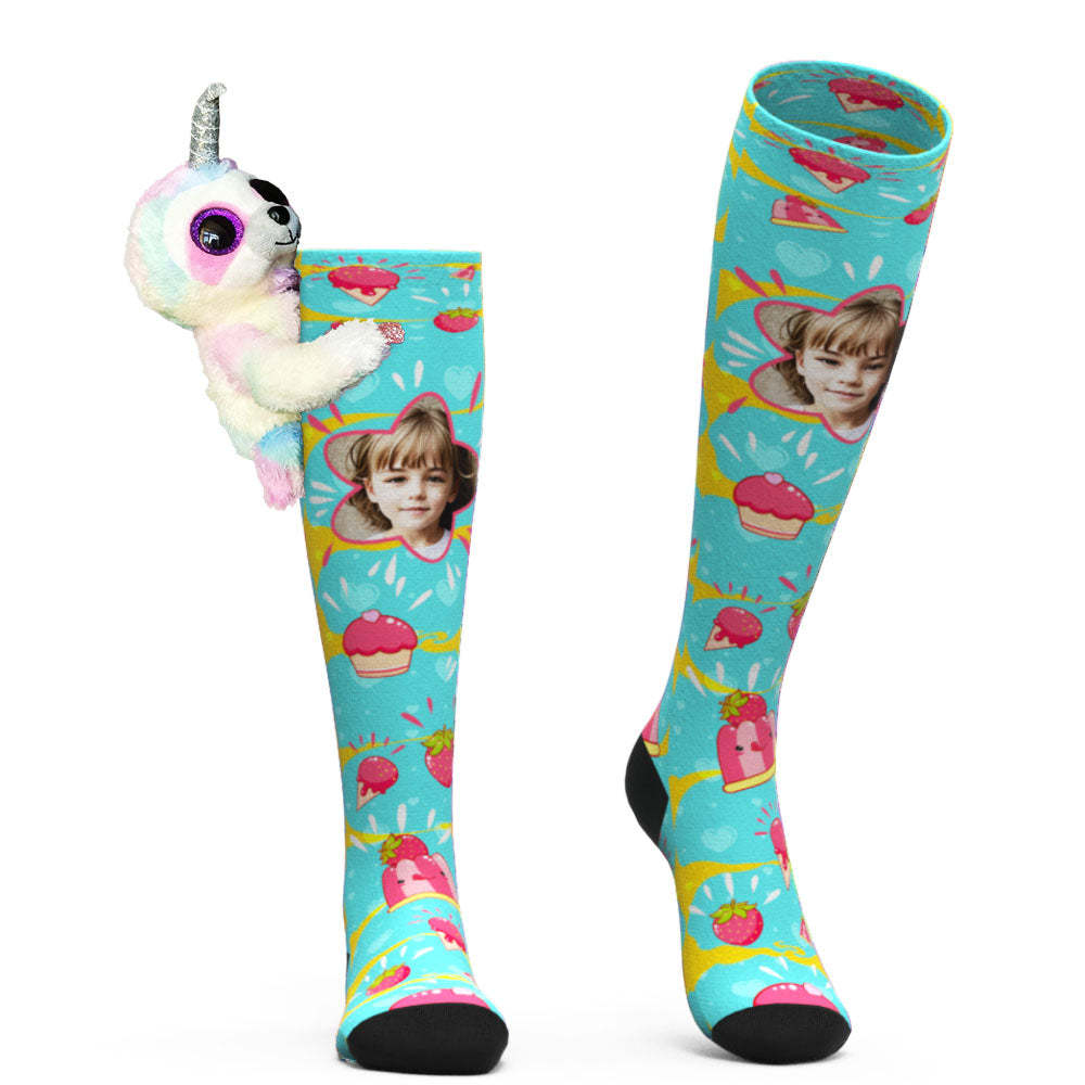 Custom Socks Knee High Face Socks Sloth Doll Pink Dessert Socks - MadeMineAU