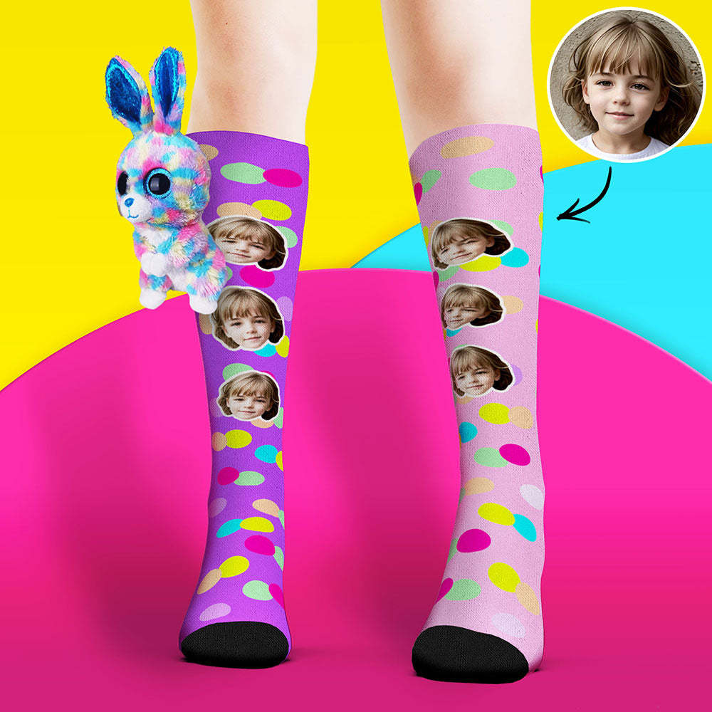Custom Socks Knee High Face Socks Colorful Polka Dot Rabbit Doll Socks - MadeMineAU