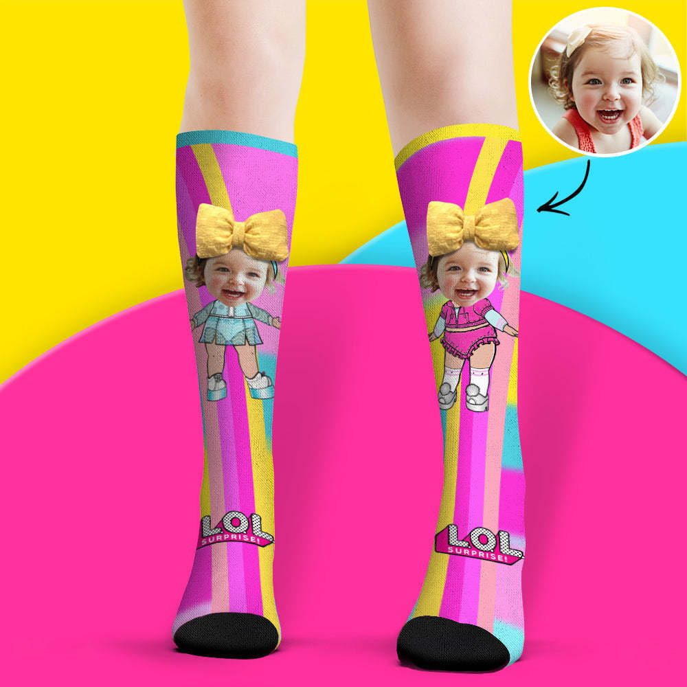 Custom Face Socks Knee High Socks 3D Cute Bow Cartoon Socks - MadeMineAU