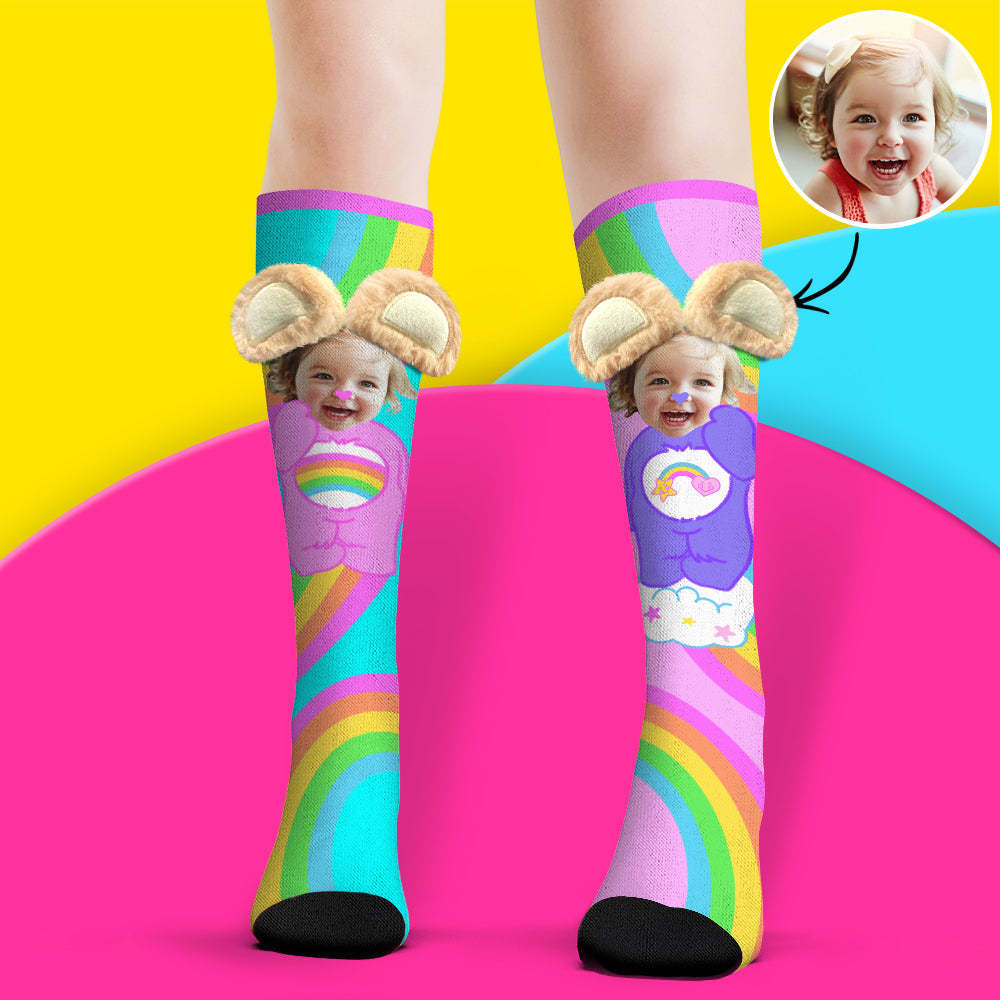 Custom Socks Knee High Face Socks 3D Plush Bear Ears Socks - MadeMineAU