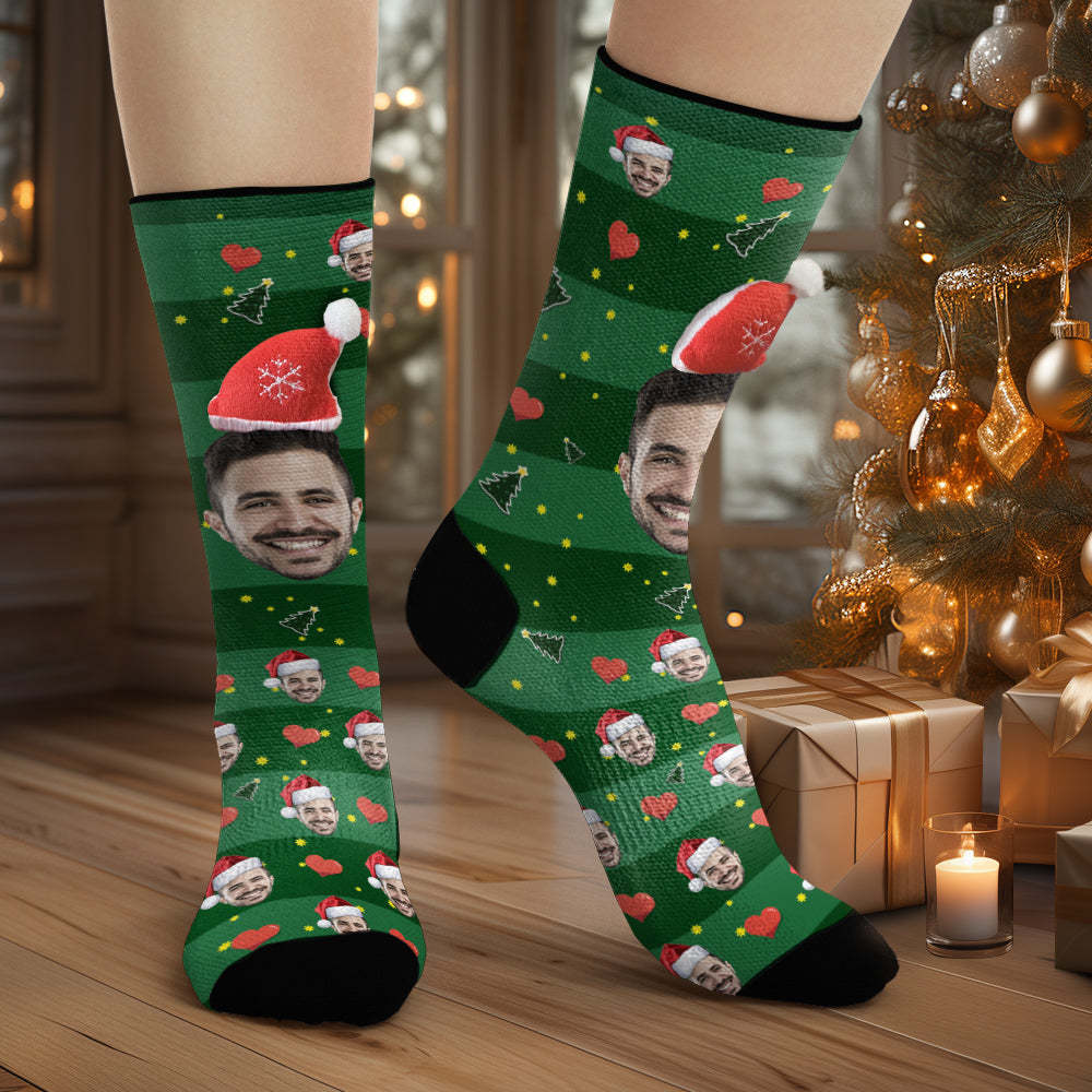 Custom Face Socks Personalized 3D Santa Hat Green Socks Christmas Gifts - MadeMineAU