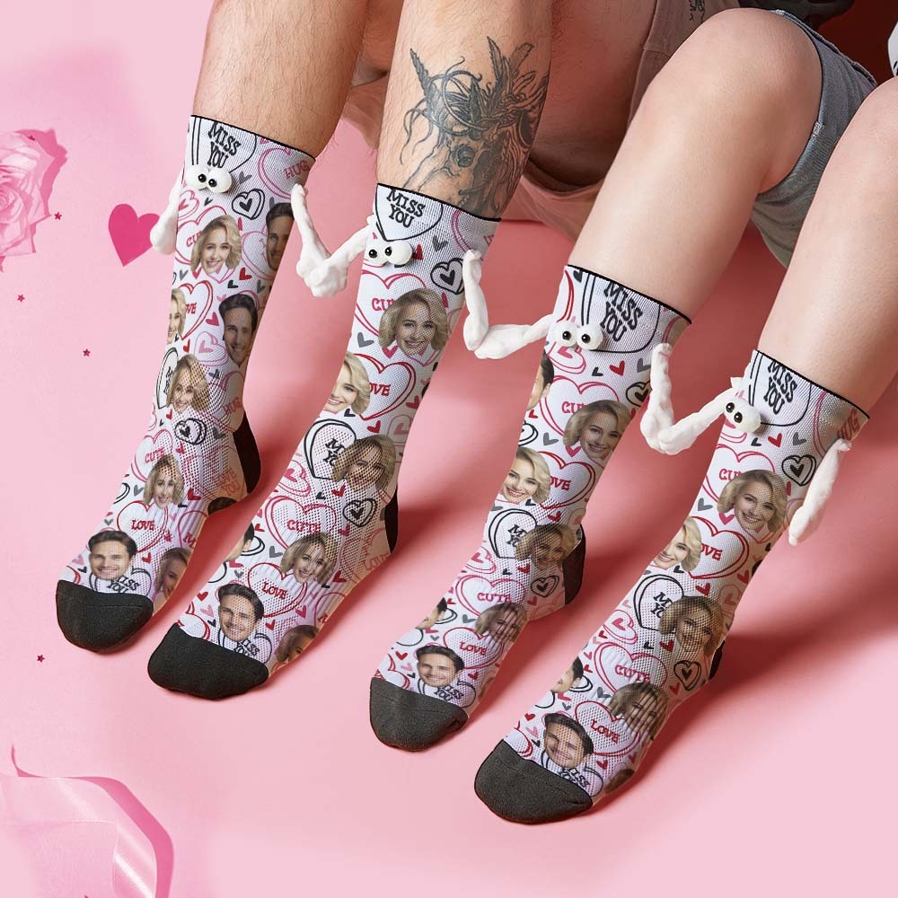 Custom Face Socks Funny Doll Mid Tube Socks Magnetic Holding Hands Socks Miss You Valentine's Day Gifts - MadeMineAU