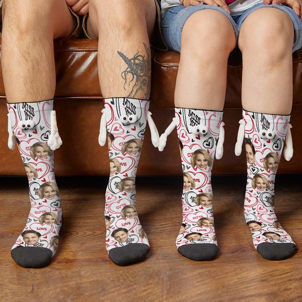 Custom Face Socks Funny Doll Mid Tube Socks Magnetic Holding Hands Socks Miss You Valentine's Day Gifts - MadeMineAU