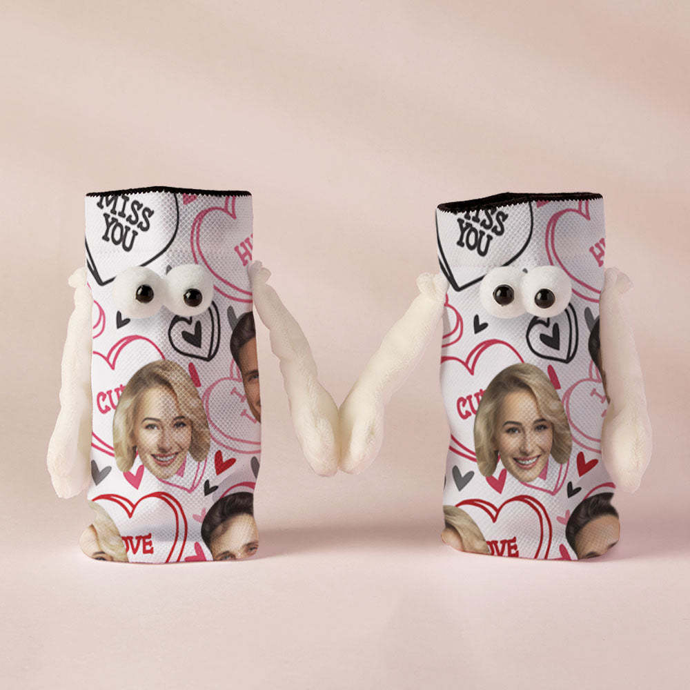 Custom Face Socks Funny Doll Mid Tube Socks Magnetic Holding Hands Socks Miss You Valentine's Day Gifts - MadeMineAU