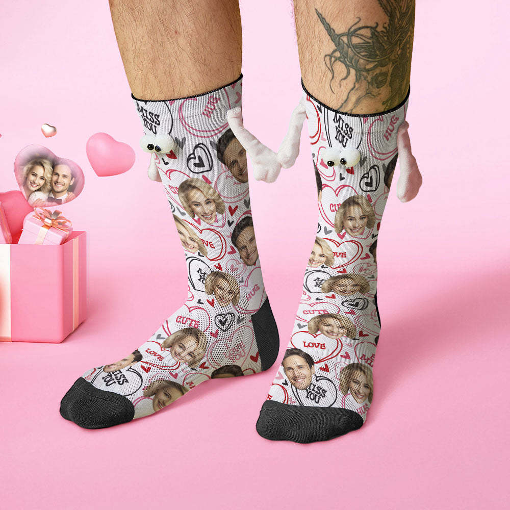 Custom Face Socks Funny Doll Mid Tube Socks Magnetic Holding Hands Socks Miss You Valentine's Day Gifts - MadeMineAU