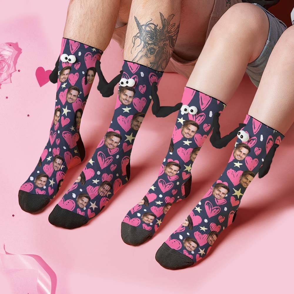 Custom Face Socks Funny Doll Mid Tube Socks Magnetic Holding Hands Socks Happy Valentine's Day - MadeMineAU