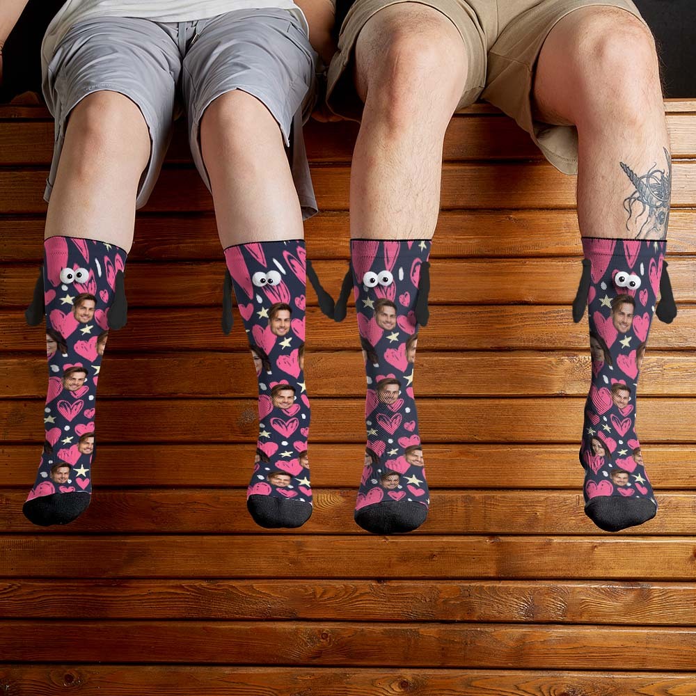 Custom Face Socks Funny Doll Mid Tube Socks Magnetic Holding Hands Socks Happy Valentine's Day - MadeMineAU