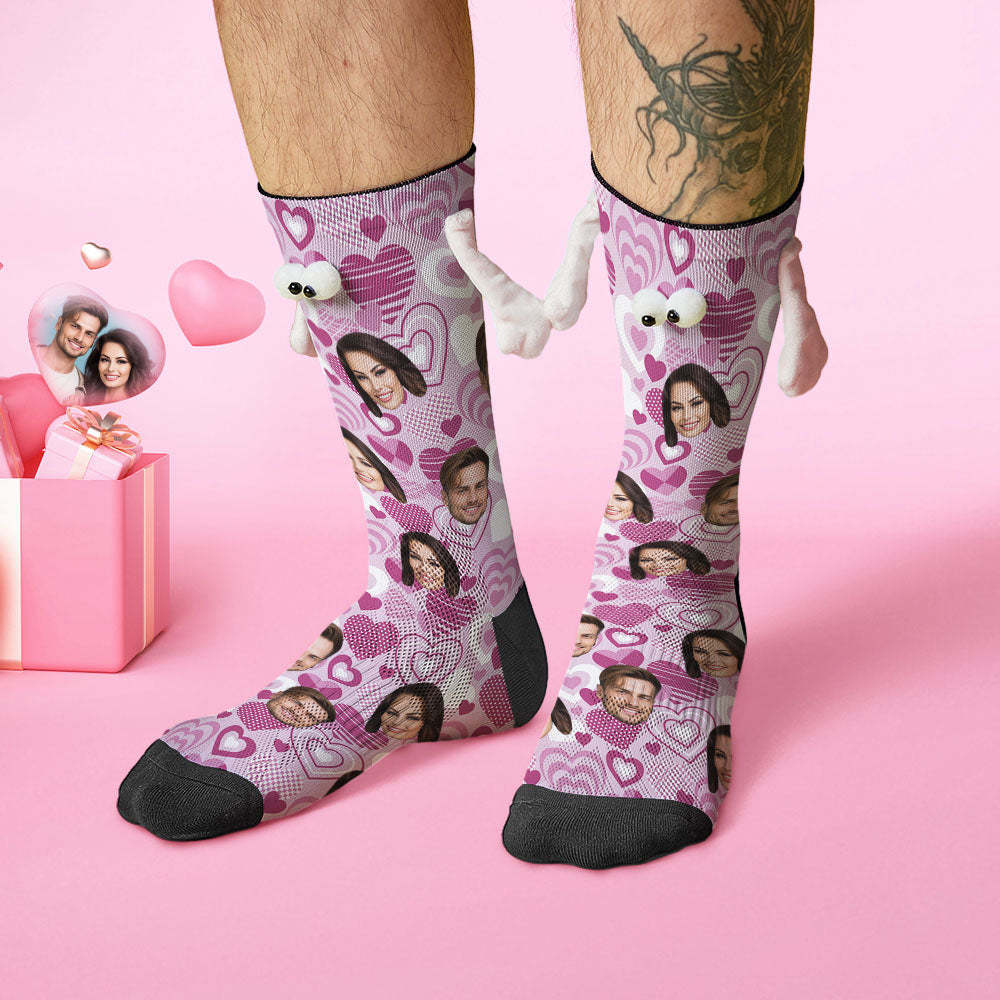 Custom Face Socks Funny Doll Mid Tube Socks Magnetic Holding Hands Socks Purple Heart Valentine's Day Gifts - MadeMineAU