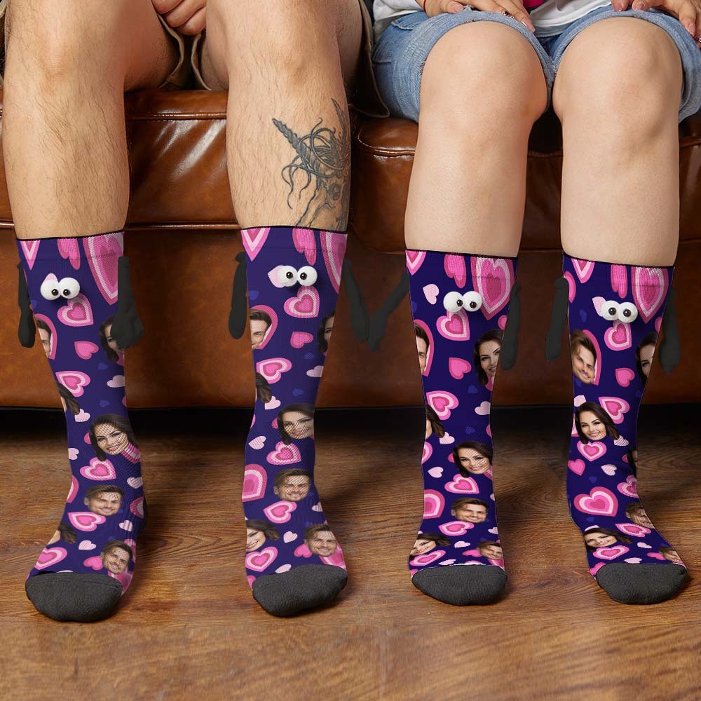 Custom Face Socks Funny Doll Mid Tube Purple Socks Magnetic Holding Hands Socks Pink Heart Valentine's Day Gifts - MadeMineAU