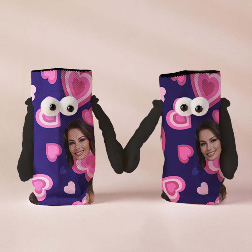 Custom Face Socks Funny Doll Mid Tube Purple Socks Magnetic Holding Hands Socks Pink Heart Valentine's Day Gifts - MadeMineAU