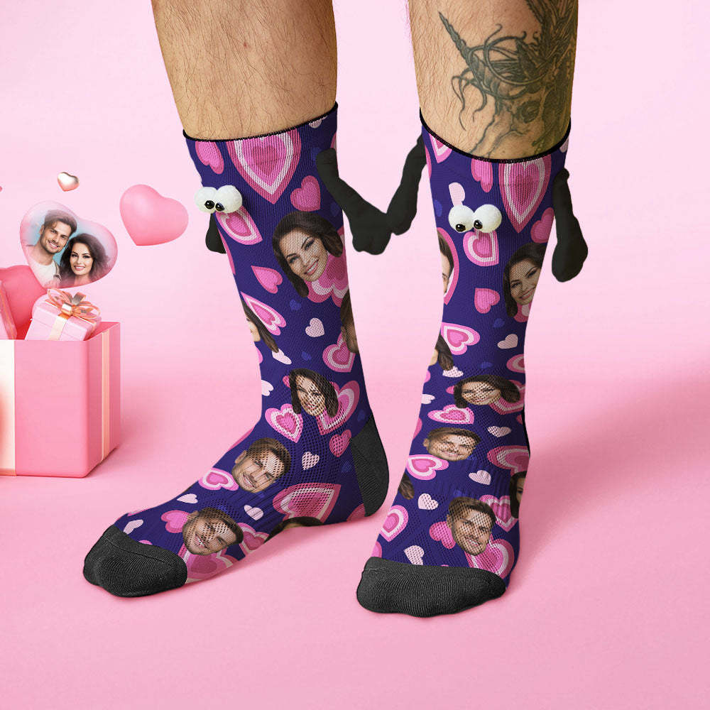 Custom Face Socks Funny Doll Mid Tube Purple Socks Magnetic Holding Hands Socks Pink Heart Valentine's Day Gifts - MadeMineAU