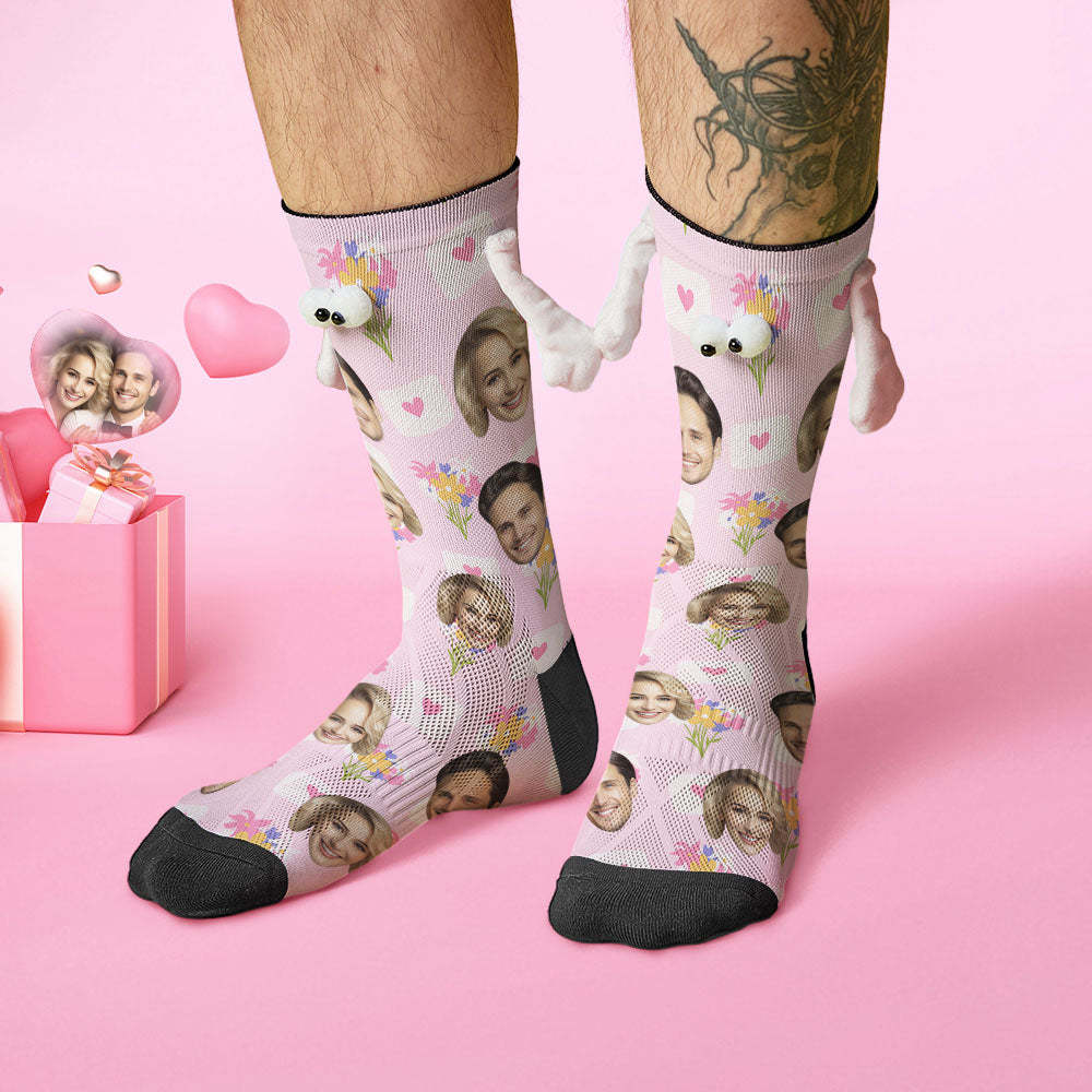 Custom Face Socks Funny Doll Mid Tube Socks Magnetic Holding Hands Socks Flower Valentine's Day Gifts - MadeMineAU