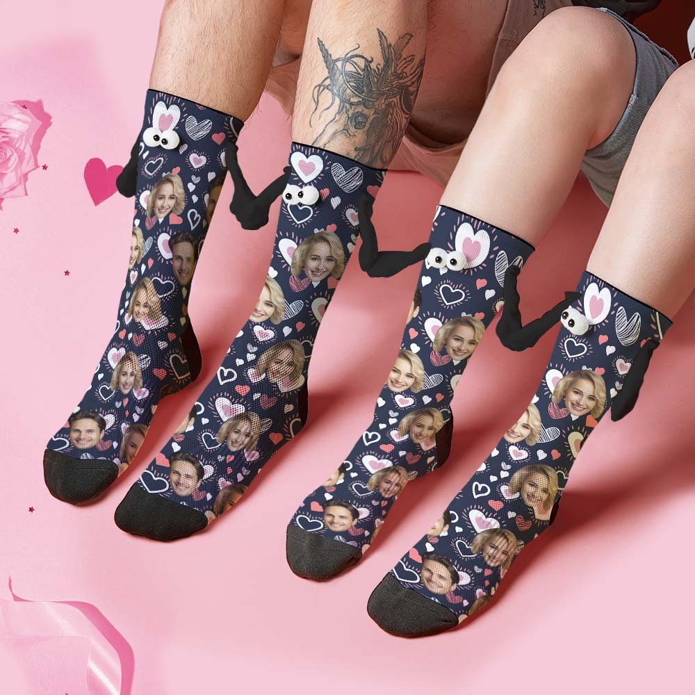 Custom Face Socks Funny Doll Mid Tube Socks Magnetic Holding Hands Socks Valentine's Day Gifts - MadeMineAU