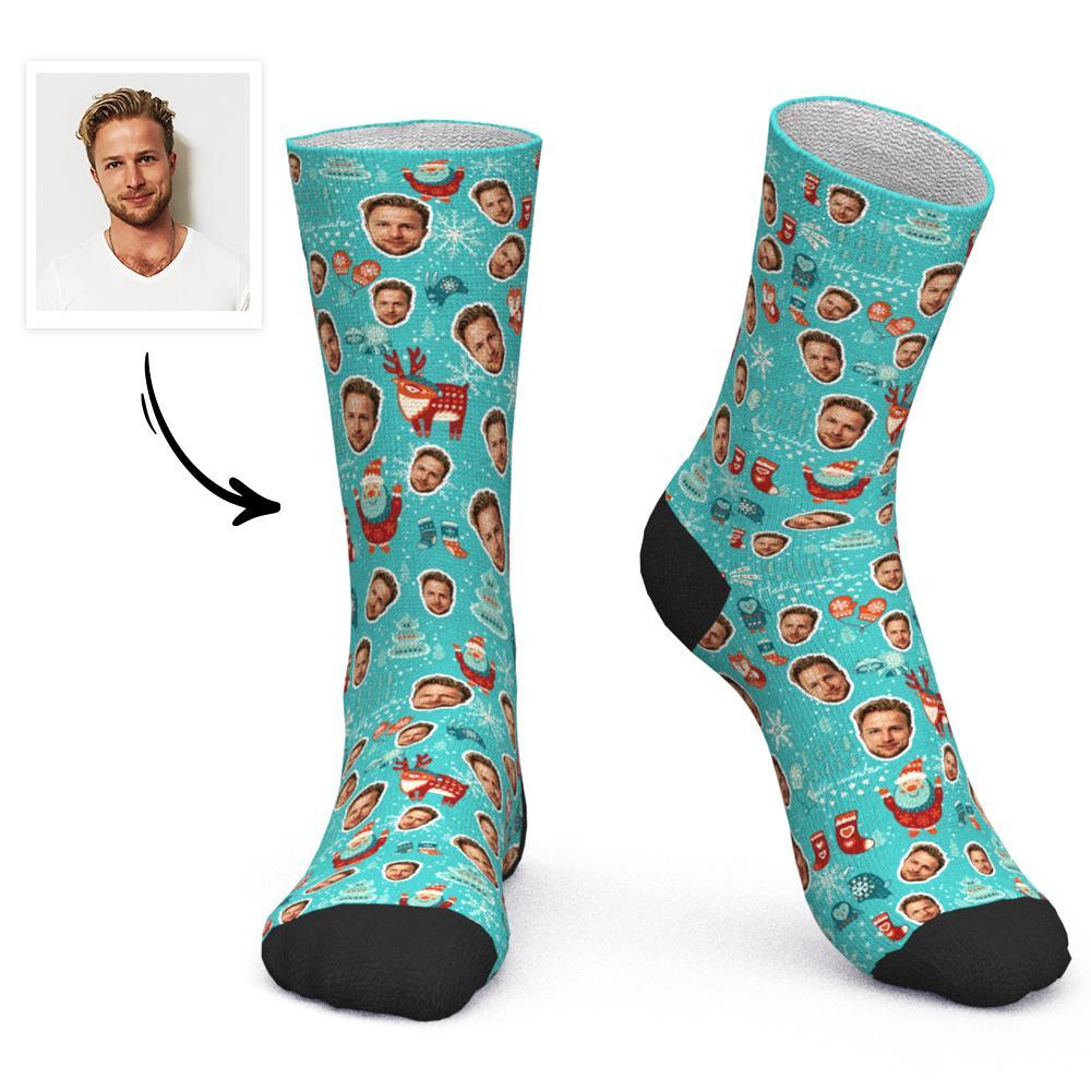 Custom Face Socks Personalized Photo Socks Christmas Gift Green Santa Socks - Elk - MadeMineAU