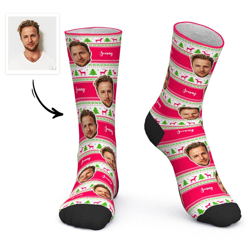 Custom Face Socks Personalized Photo Socks with Text Christmas Gift Santa Socks - Christmas Tree and Elk - MadeMineAU