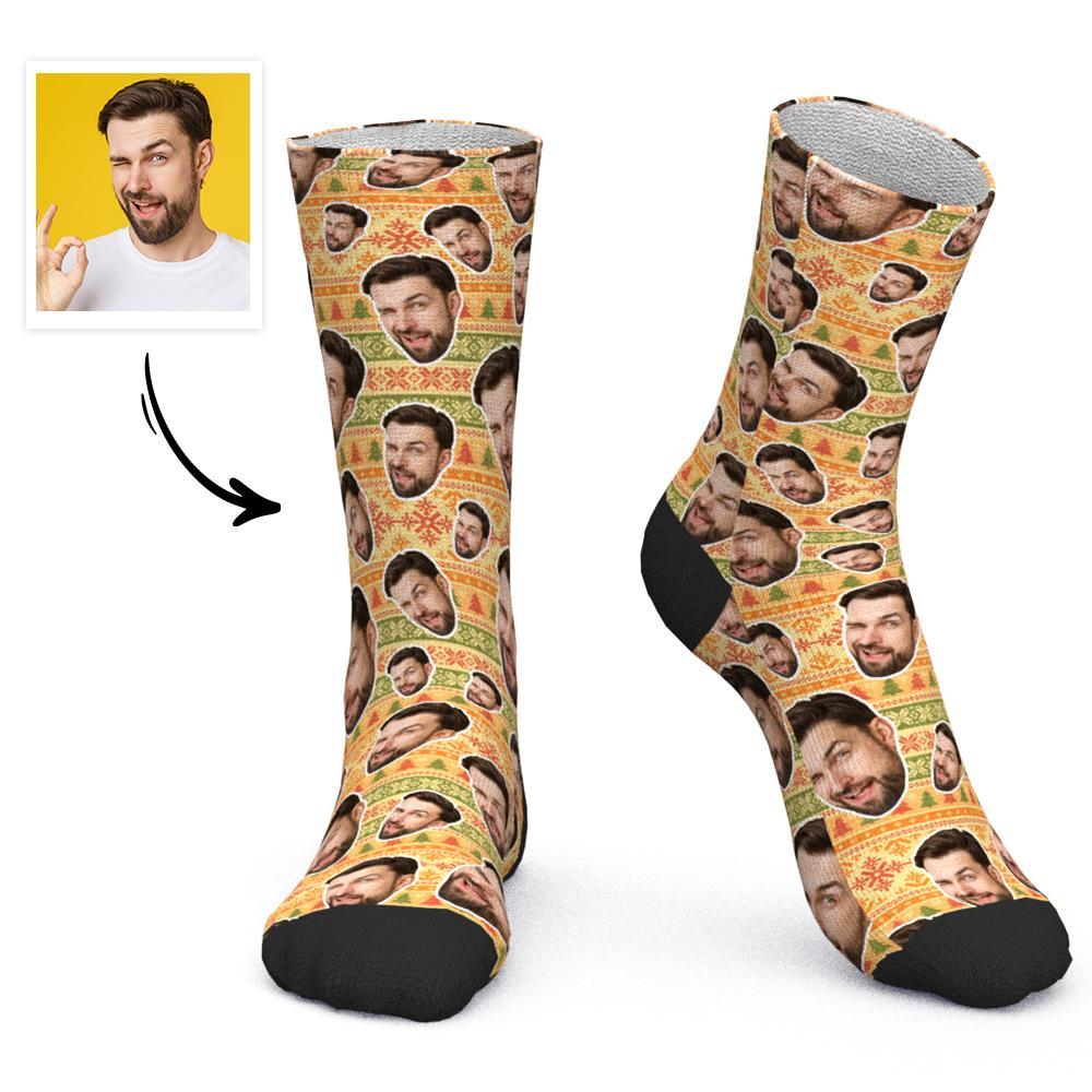 Custom Face Socks Personalized Photo Socks Christmas Gift Yellow Santa Socks - Snowflake - MadeMineAU