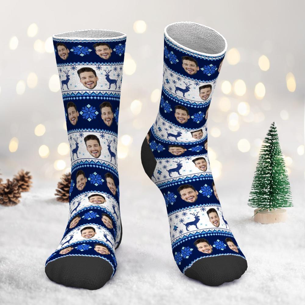 Custom Photo Socks Christmas Socks Christmas Face socks over Nordic Pattern - MadeMineAU