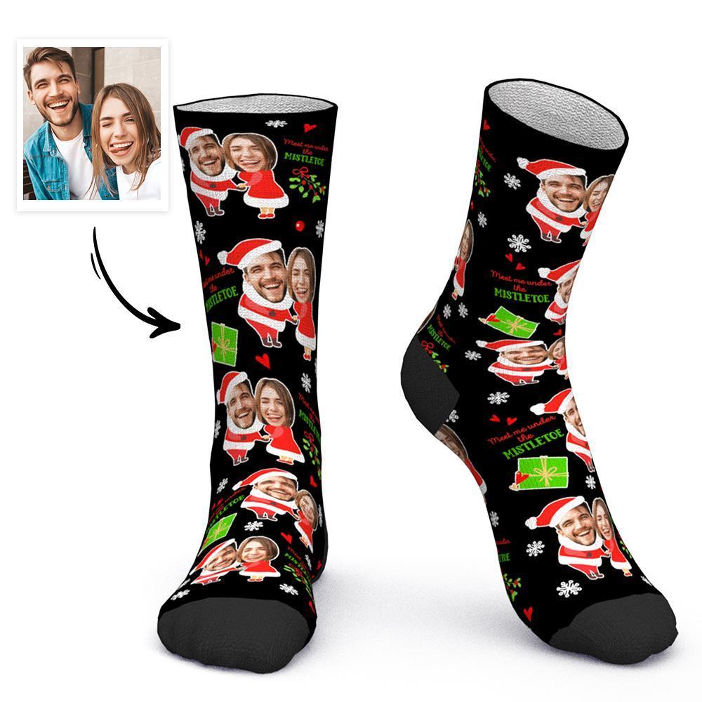 Custom Face Socks Personalized Photo Socks Christmas Gift for Lover - Meet Me Under the Mistletoe - MadeMineAU