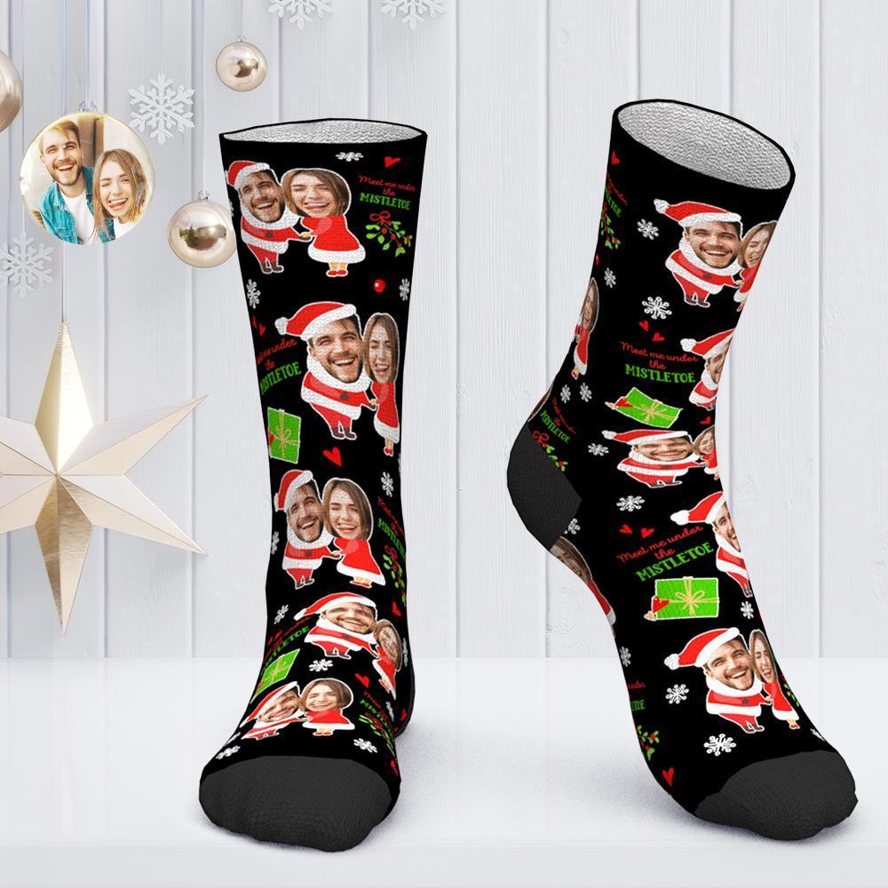 Custom Face Socks Personalized Photo Socks Christmas Gift for Lover - Meet Me Under the Mistletoe - MadeMineAU