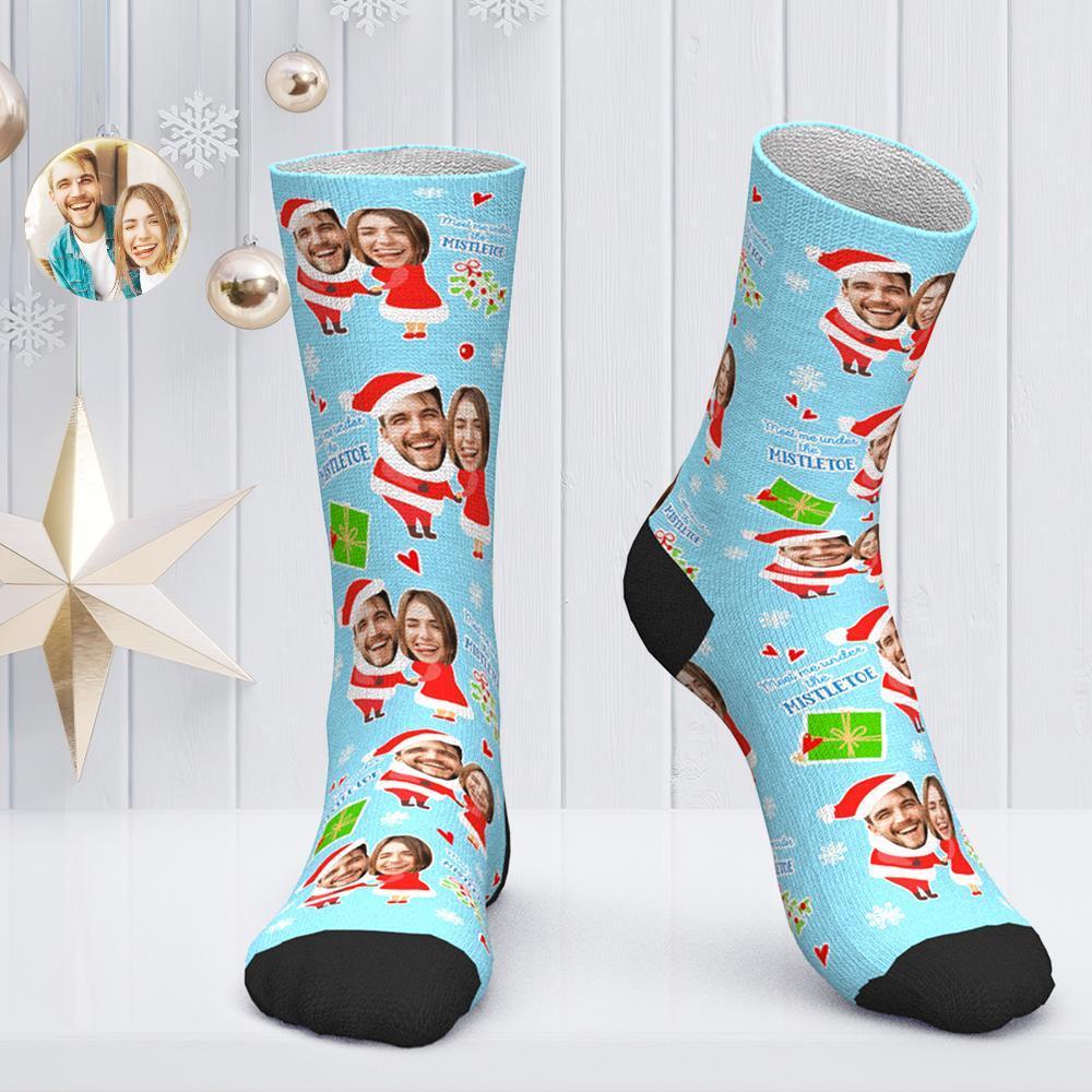 Custom Face Socks Personalized Photo Socks Christmas Gift for Lover - Meet Me Under the Mistletoe - MadeMineAU