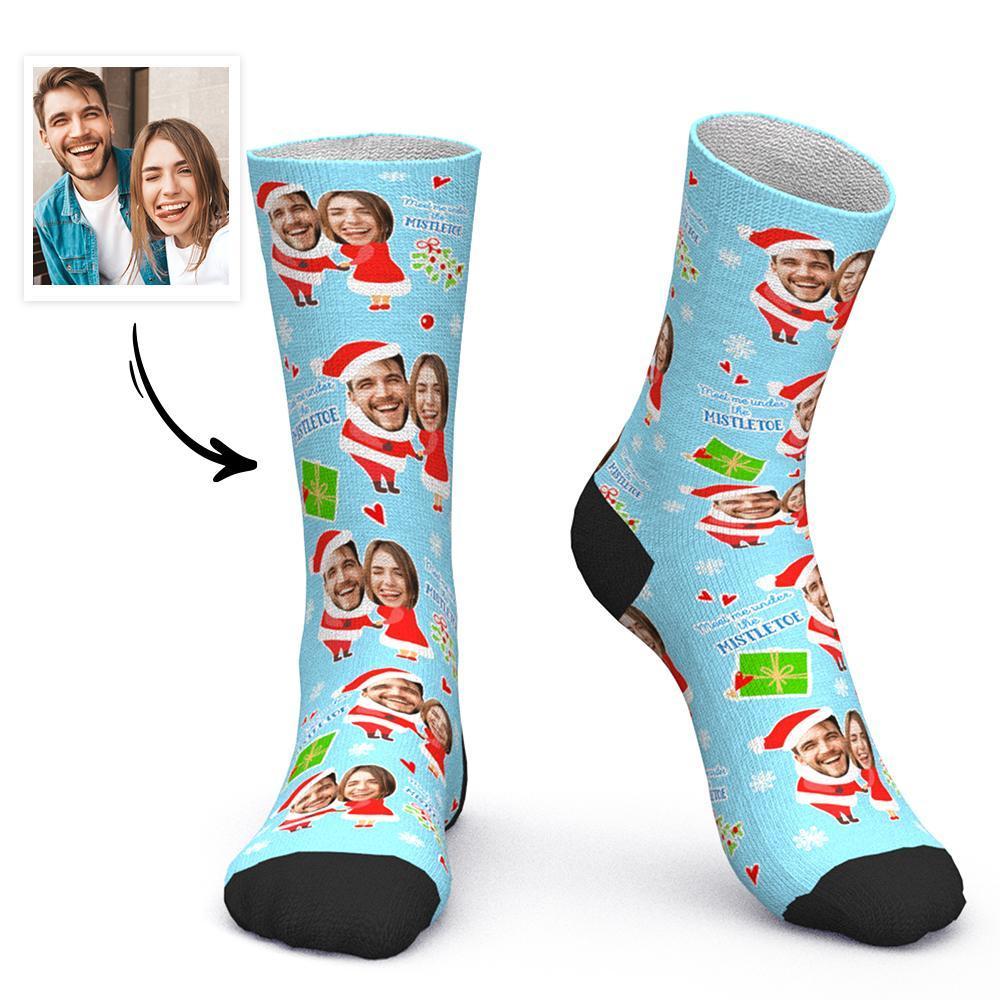 Custom Face Socks Personalized Photo Socks Christmas Gift for Lover - Meet Me Under the Mistletoe - MadeMineAU