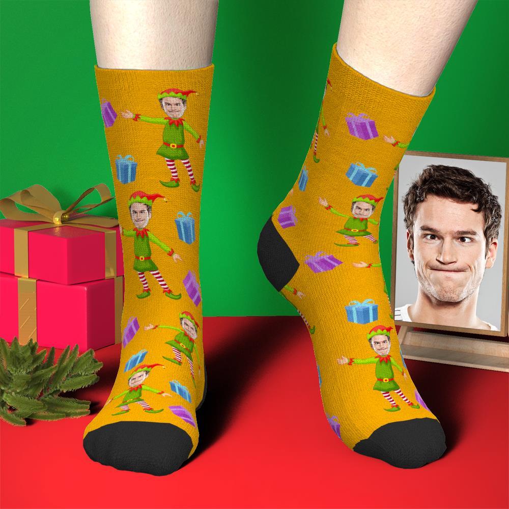 Custom Face Socks Personalized Yellow Photo Socks Santa Socks Christmas Gift for Famliy - Little Elf - MadeMineAU