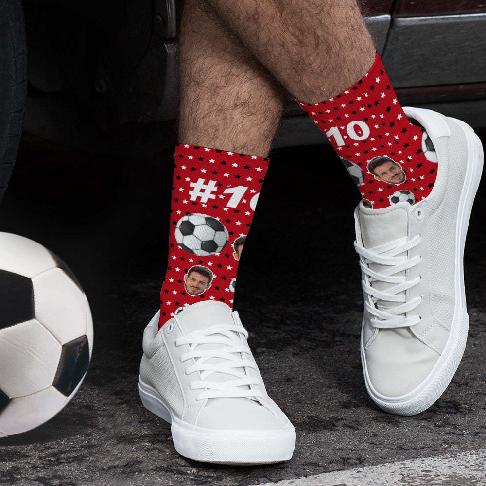 Custom Face Football Pattern Socks with Number Personalized Soccer Socks - MademineAU