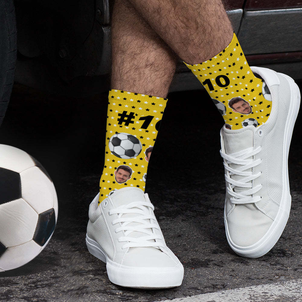 Custom Face Football Pattern Socks with Number Personalized Soccer Socks - MademineAU