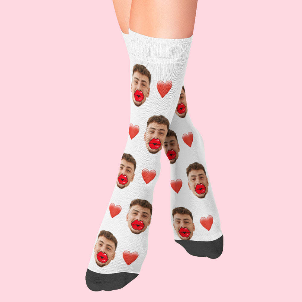 Custom Face Socks Heart and Red Lips Socks Valentine's Day Gift - MadeMineAU
