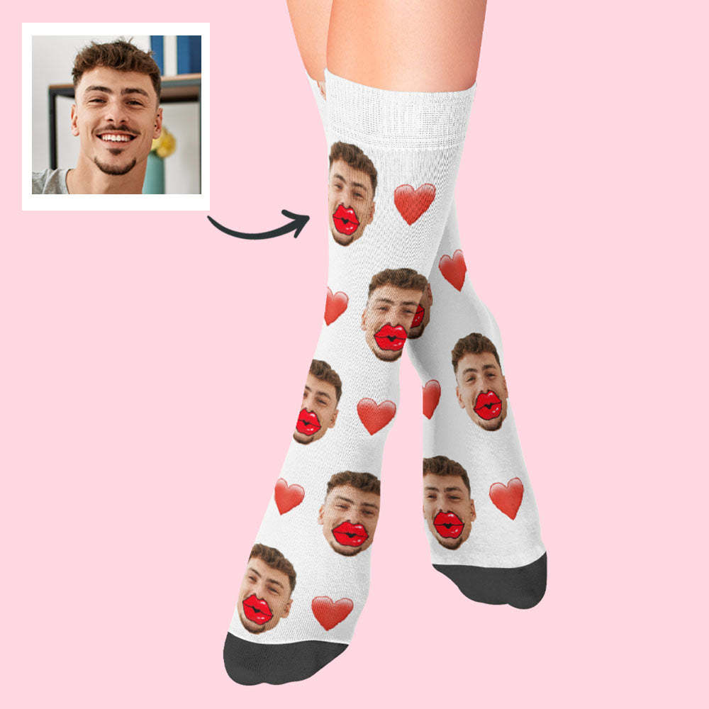 Custom Face Socks Heart and Red Lips Socks Valentine's Day Gift - MadeMineAU