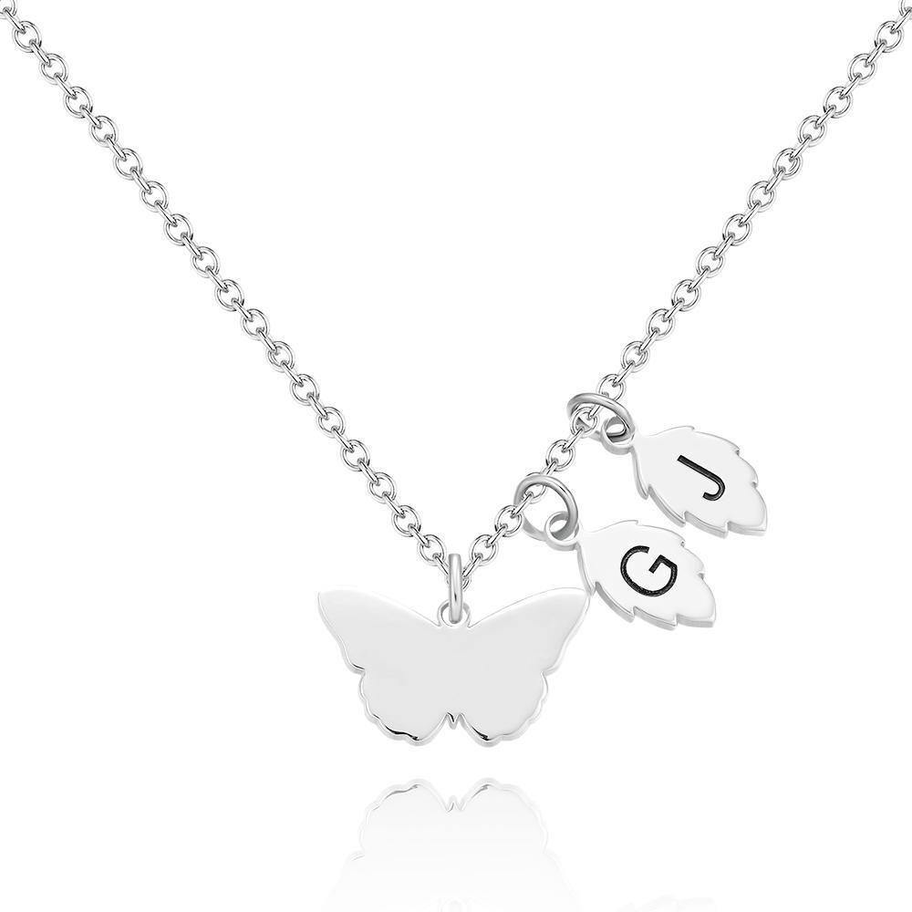 Engraved Necklace with Butterfly and Leaves Necklace Gift for Her Rose Gold Plated Silver - MadeMineAU