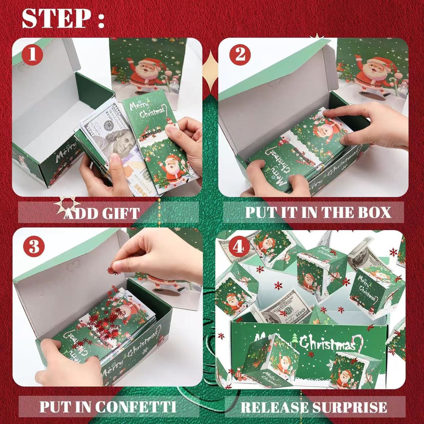 Surprise Gift Box Explosion for Money Unique Folding Bouncing Red Green Christmas - MademineAU