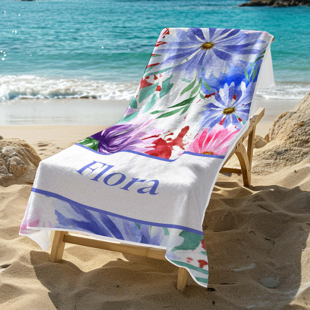 Personalized Watercolor Flower Beach Towel with Name Beach Accessories Gift for Her - MadeMineAU