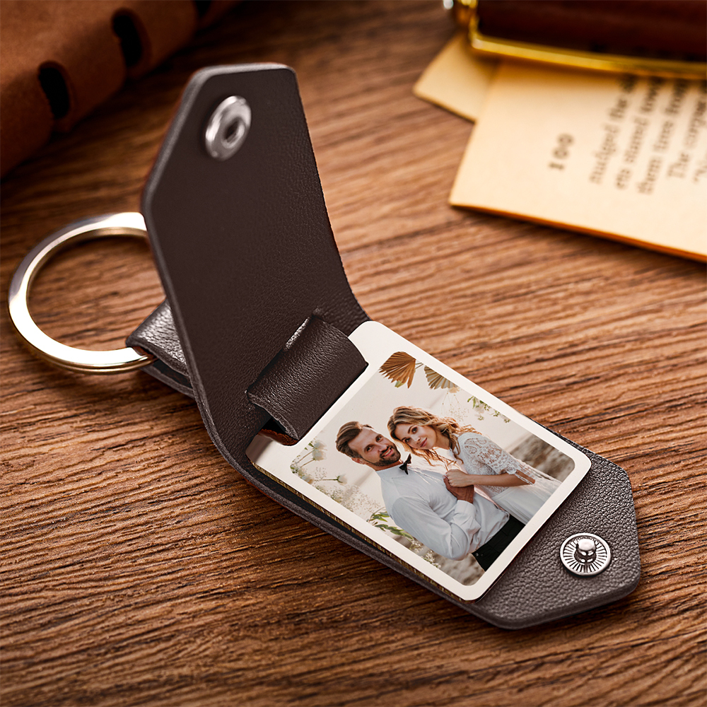 Custom Engraved Photo Keychain Gift With Leather Case