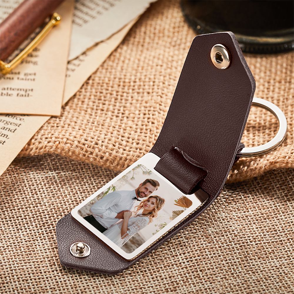 Custom Engraved Photo Keychain Gift With Leather Case