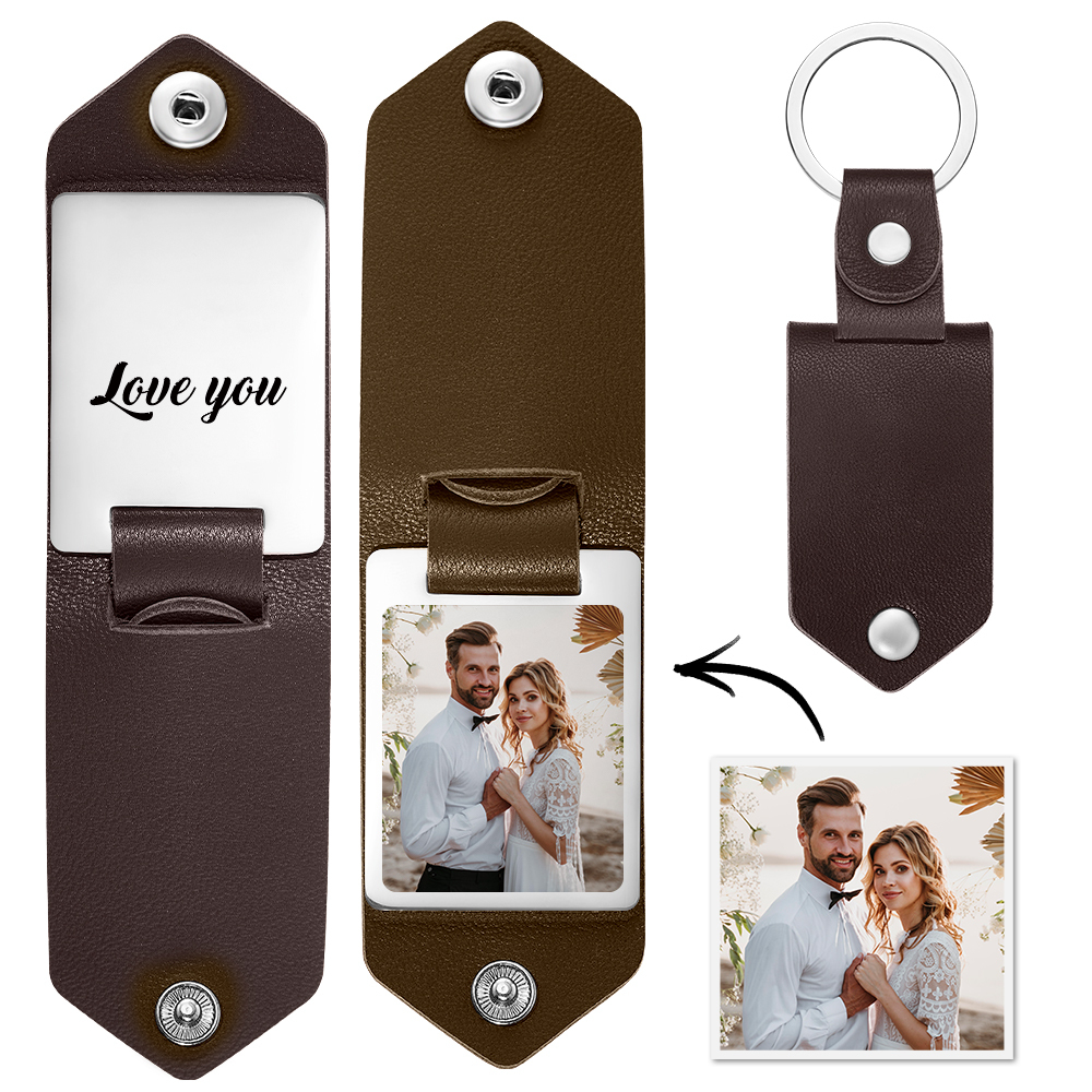 Custom Engraved Photo Keychain Gift With Leather Case
