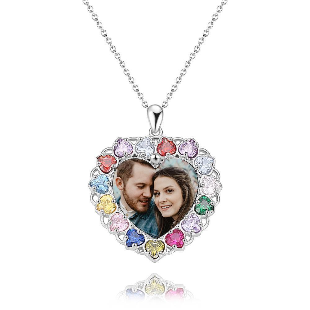 Photo Engraved Necklace Rhinestone Crystal Colorful, Heart-shaped Photo Necklace Keepsake Gift Platinum Plated Silver - Colorful - MadeMineAU